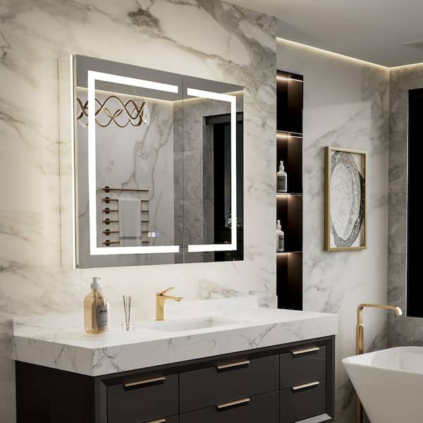 42 in. W x 36 in. H Rectangular Silver Aluminum Recessed/Surface Mount LED Medicine Cabinet with Mirror, GFCI Power-Off