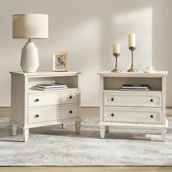 JAYDEN CREATION Juiien White 2-Drawer Solid Wood Nightstand with Solid Wood Legs (Set of 2)