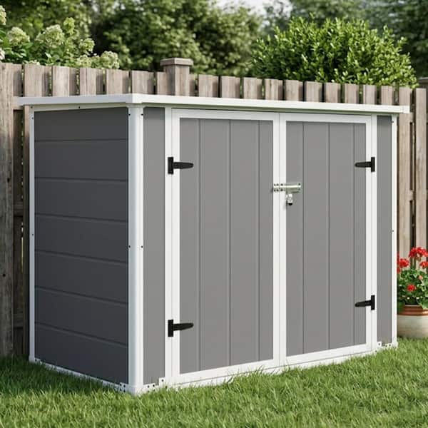Horizontal Resin Trash Can Storage Shed with Ramp & Hydraulic Lid, Lockable Waterproof Outdoor Waste Storage Cabinet