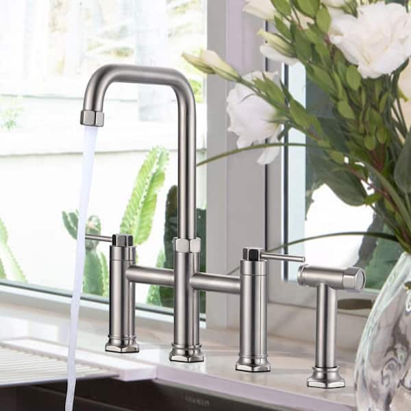 Double Handle Bridge Kitchen Faucet with Pull Out Side Sprayer in Brushed Nickel