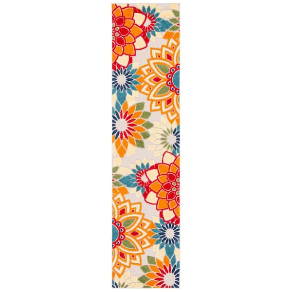 Cabana 2 ft. x 19 ft. Ivory/Orange Retro Floral Indoor/Outdoor Runner Rug