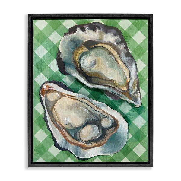 Stupell Industries Oysters on Green Plaid by Daphne Polselli Black Floater Frame Animal Graphic Art Print 21 in. x 17 in.