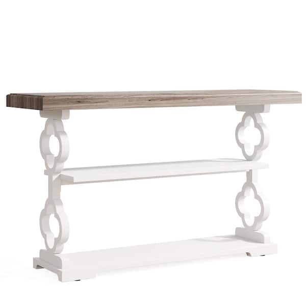 BYBLIGHT Turrella 56 in. Gray Rectangle Wood Console Table Farmhouse, Entryway Sofa Entry Table with 3 Tier Storage Shelves