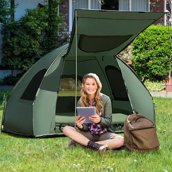 Outsunny Portable Camping Tent Cot Air Mattress w/ Carry Bag Dark  Green
