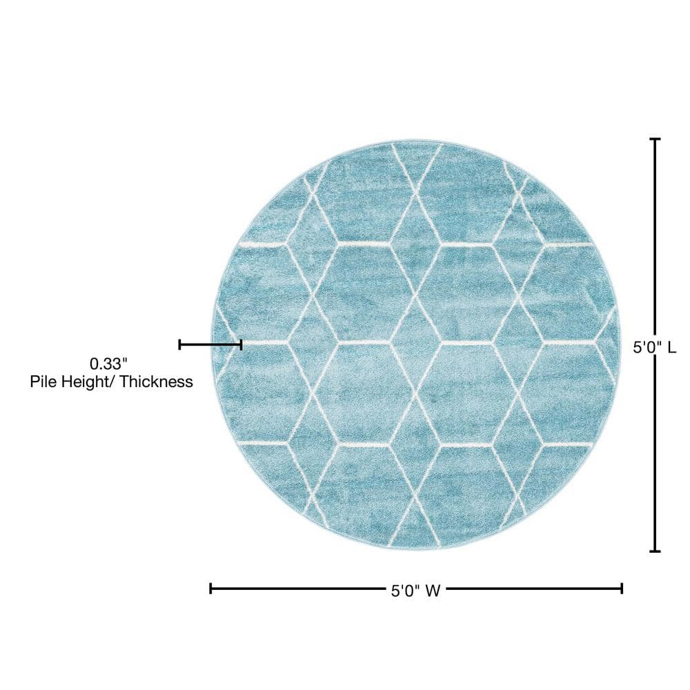 Light Blue and Ivory Round Geometric Trellis Rug