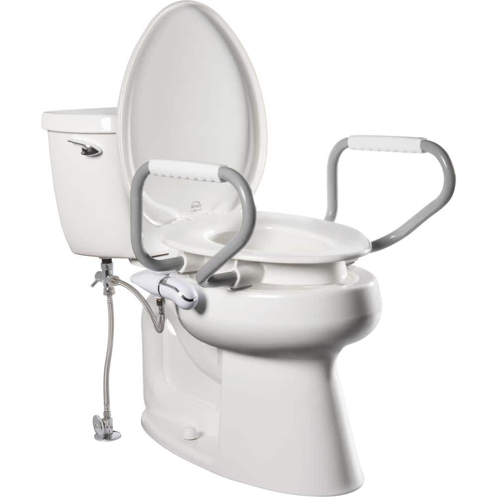 BEMIS Assurance + Clean Shield 3 in. Raised Premium Plastic Round Closed Front Toilet Seat in. White + Support Arms and Bidet