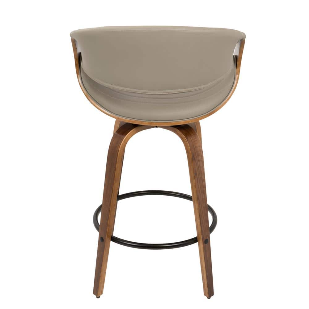 Set of 2 Gray Faux Leather Swivel Counter Stools with Walnut Wood