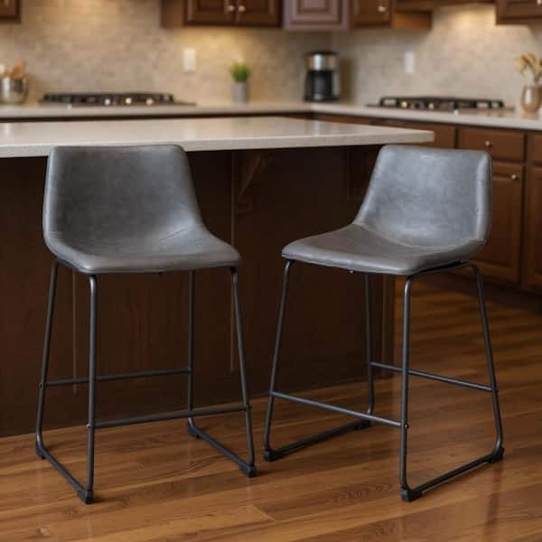 34.60 in. H Charcoal, Black Counter Height Metal Bar Stool with Upholstered Seat (Set of 2)