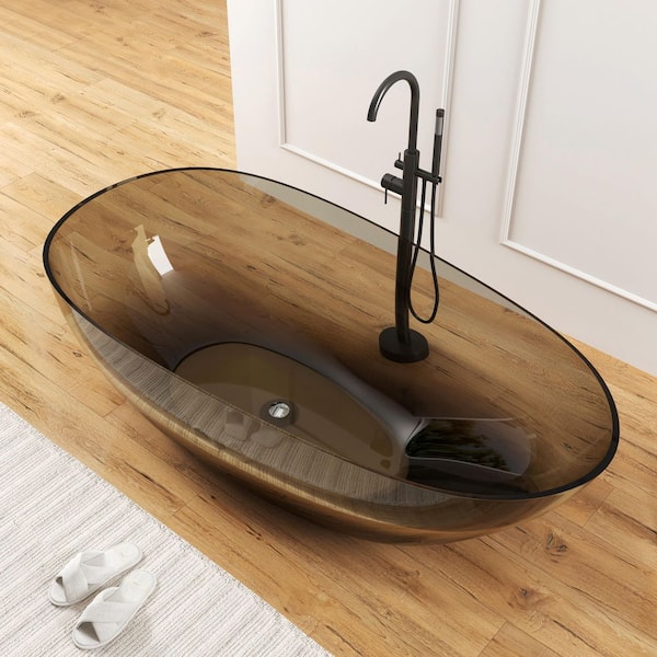 Luna 67 in. Stone Resin Solid Surface Flatbottom Freestanding Soaking Bathtub in Transparent Brown