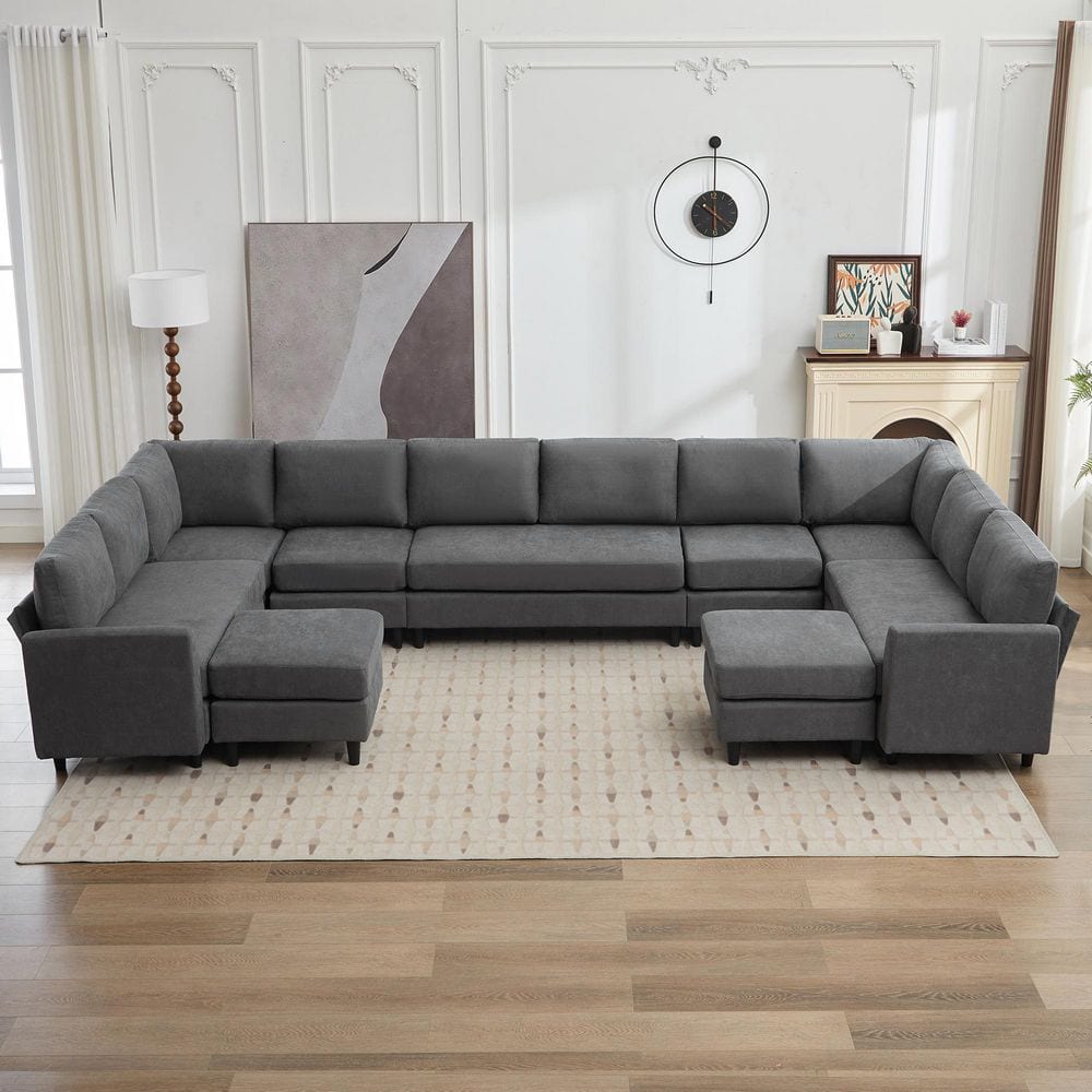 JEAREY 155.9 in. Width Linen Convertible Large U-Shaped Shaped Sofa Couch, Large 12-Seater Sofa with 2 Ottomans in Dark Gray