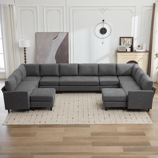 155.9 in. Width Linen Convertible Large U-Shaped Shaped Sofa Couch, Large 12-Seater Sofa with 2 Ottomans in Dark Gray