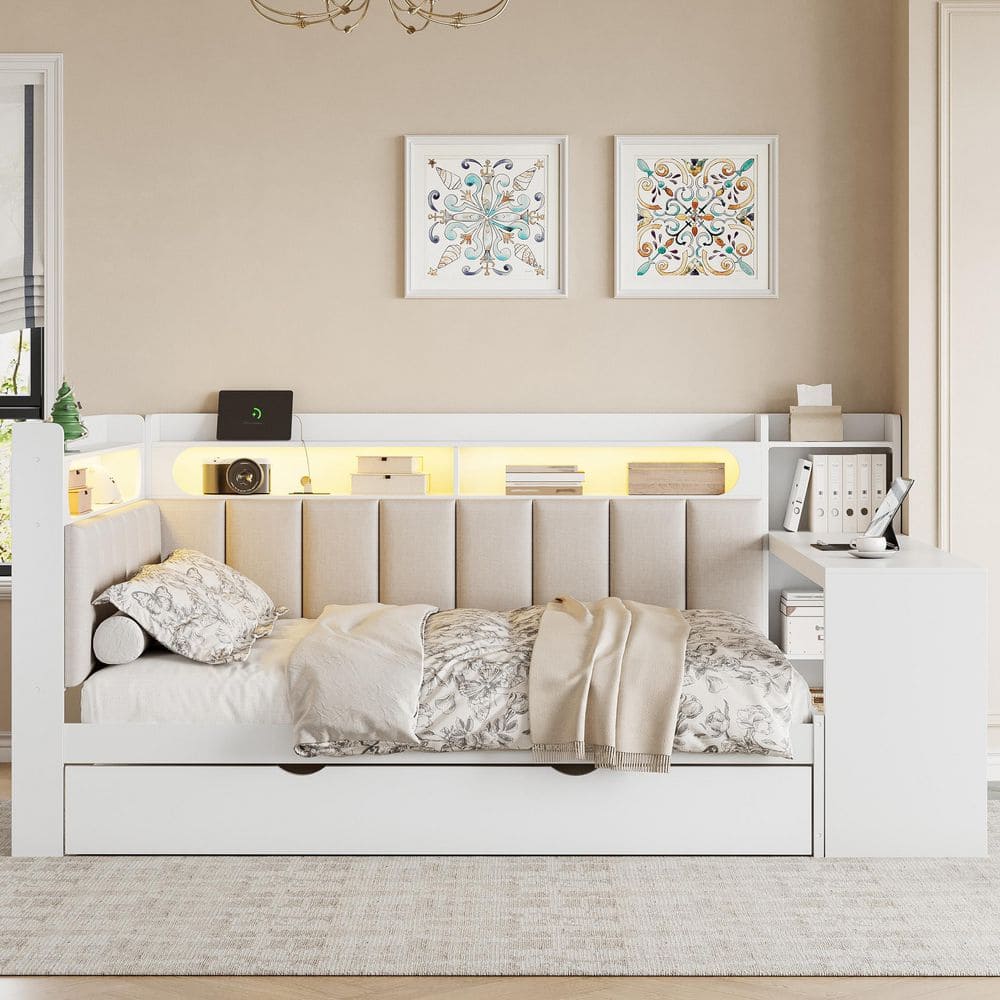 Noble House Marilyn White+Beige Wood Frame Full Size Upholstered Daybed ...