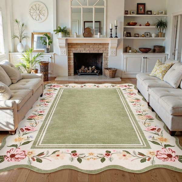 8 ft. x 10 ft. Machine Washable Green Scalloped Vintage Floral Low Pile NonSlip Soft Living Room Bedroom Indoor Area Rug