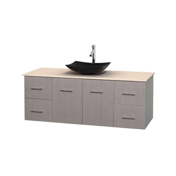Wyndham Collection Centra 60 in. Vanity in Gray Oak with Marble Vanity Top in Ivory and Black Granite Sink