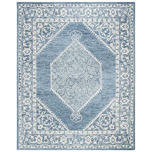 Micro-Loop Blue/Ivory 8 ft. x 10 ft. Medallion Floral Border Area Rug