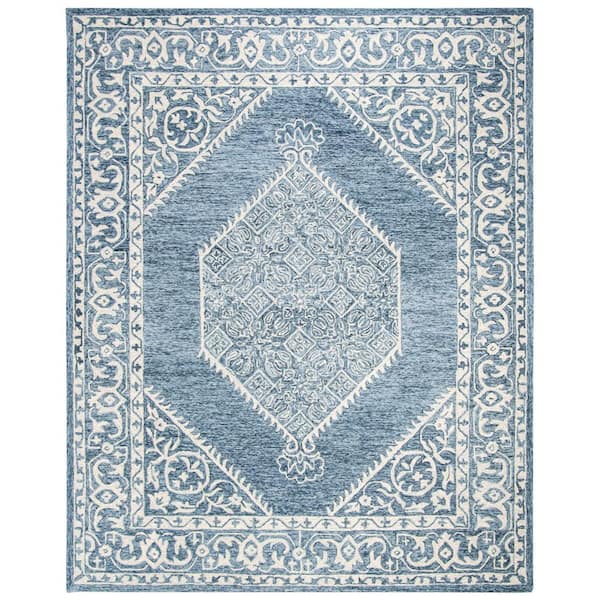 SAFAVIEH Micro-Loop Blue/Ivory 8 ft. x 10 ft. Medallion Floral Border Area Rug