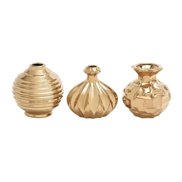 Litton Lane 6 in., 6 in. Gold Ceramic Decorative Vase with Varying Patterns (Set of 3)