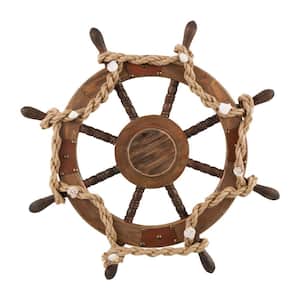 35 in. x 35 in. Wood Brown Handmade Ship Wheel Wall Decor with Rope and Shell Accents