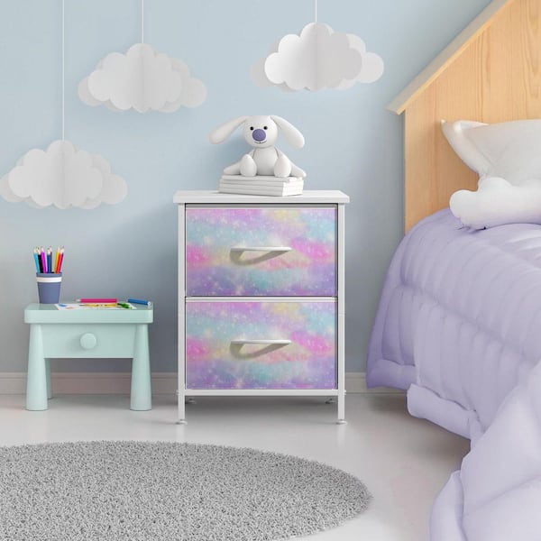 Rainbow Sparkle Tie-Dye 2-Drawer 11.8 in. W Nightstand - Storage Organizer with Steel Frame, Wood Top, and Fabric Bins