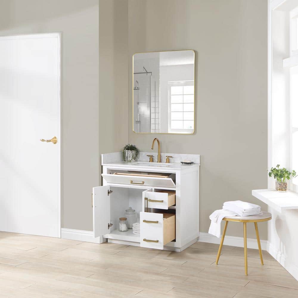 Gavino 36" White Wood Vanity with Stone Top and Mirror