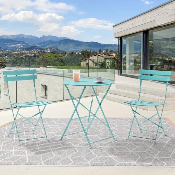 Sonkuki 3-Piece Steel All-weather Outdoor Bistro Sets No Assemble Folding Chairs and Table in Mint Green