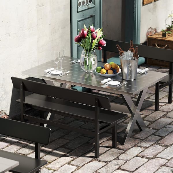 55.1 in. Black Farmhouse Solid Wood Dining Bench with Back, Long Wooden Dining Table Bench