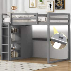 Gray Wood Frame Full Size Loft Bed with Built-in Wardrobe and Storage Shelves, LED Light