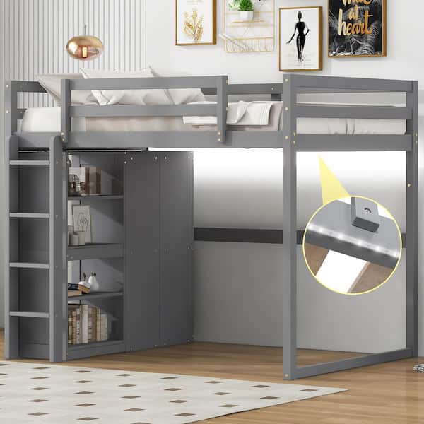 Harper & Bright Designs Gray Wood Frame Full Size Loft Bed with Built-in Wardrobe and Storage Shelves, LED Light