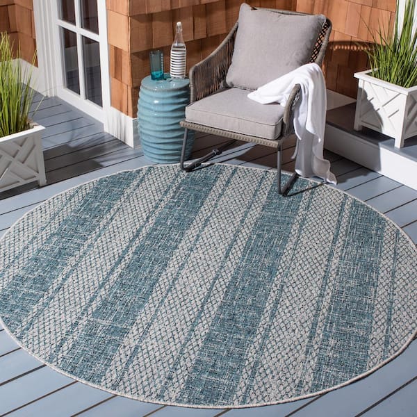Courtyard Light Gray/Teal 4 ft. x 4 ft. Distressed Striped Diamond Indoor/Outdoor Round Area Rug