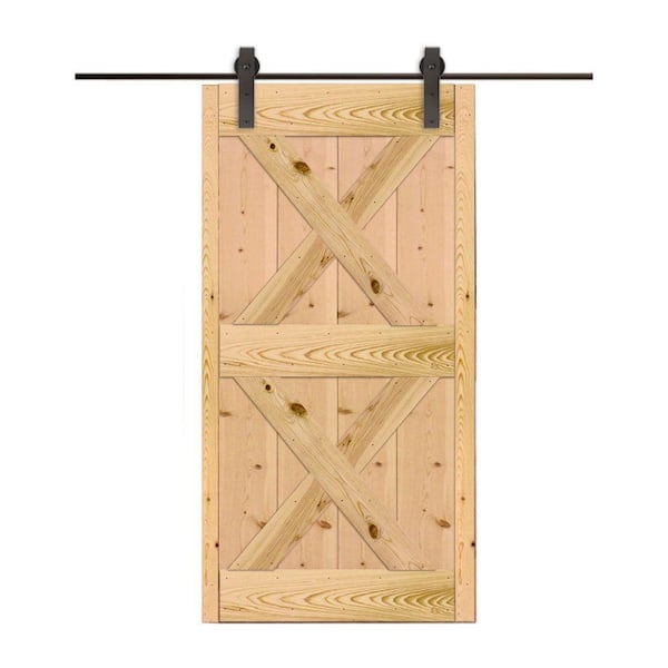 Quiet Glide 36 in. x 80 in. Ponderosa Pine Unfinished Sliding Barn Door with Hook Style Hardware Kit