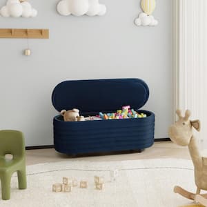 Farrah 42 in. Wide Oval Velvet Upholstered Entryway Flip Top Storage Bedroom Accent Bench in Navy Blue