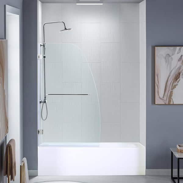 WOODBRIDGE Everette 34 in. W x 58 in. H Frameless Hinged Tub glass door in Brushed Nickel Finish, Include Support Bar