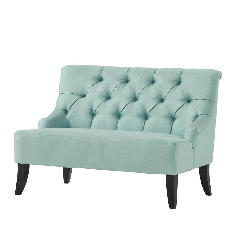 Noble House Nicole 44.3 in. Light Mint Blue Tufted Polyester 2-Seater Armless Loveseat with Wood Legs, Light Mint Blue and Dark Brown -  10384