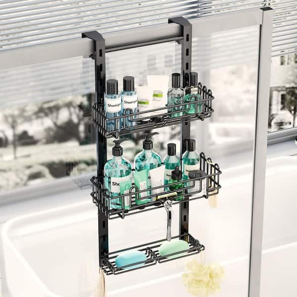 25.98 in. H x 12.36 in. W x 4 in. D, 3 Tier Hanging Metal Over the Door Shower Caddy Shelf with 16 Hook in Black