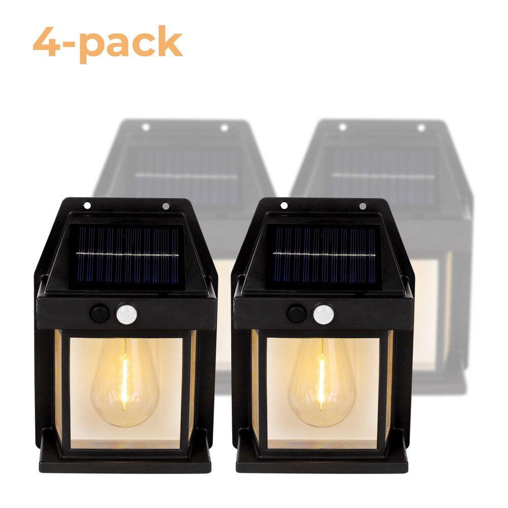 Matte Black Solar LED Outdoor Wall Lantern with Motion Sensor, 4-Pack