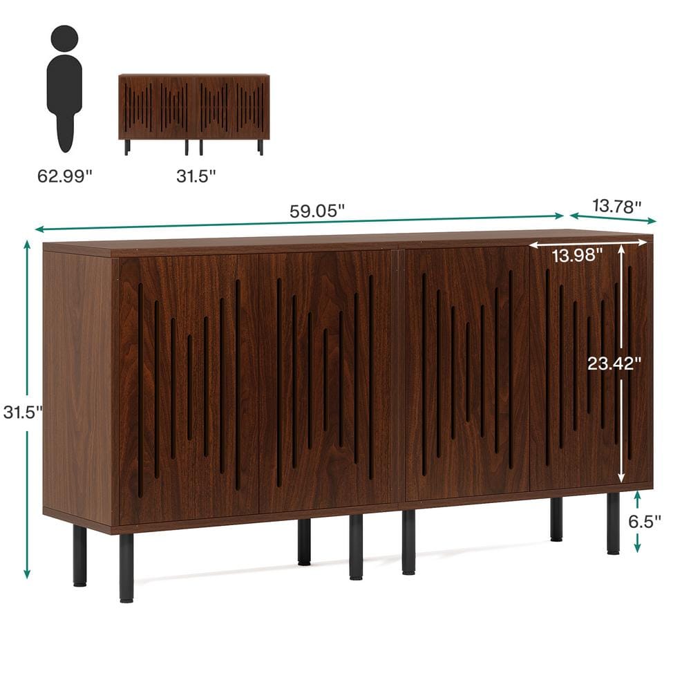 Brown Oak Wood 63'' Modern Sideboard Buffet Cabinet with Metal Legs