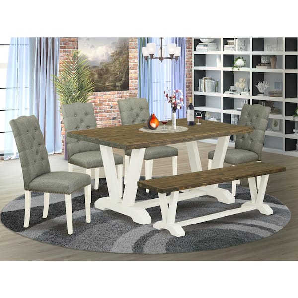 East West Furniture 6-Piece Natural Oak Finish Solid Wood Top dining Table with 1-Bench and 4-Chairs with Lattice Back