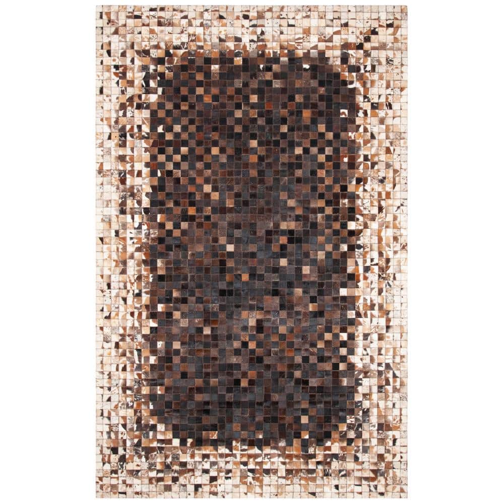 Hand-Knotted Black and Beige Geometric Cowhide Area Rug