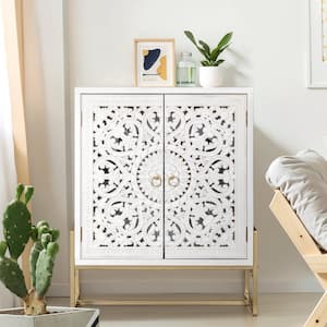 37.4 in. White Hollow Carved Accent Storage Cabinet with 2-Door