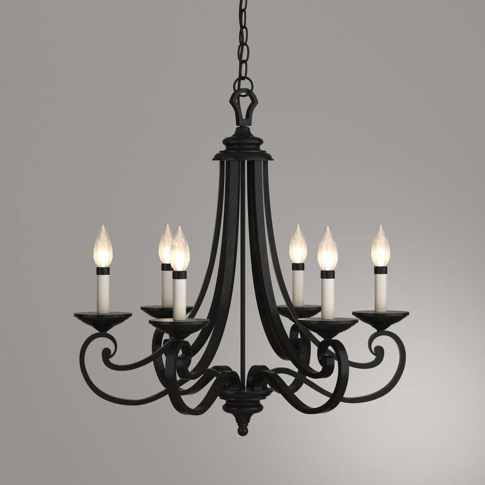 Black Iron 6-Light Candelabra Chandelier with Adjustable Chain