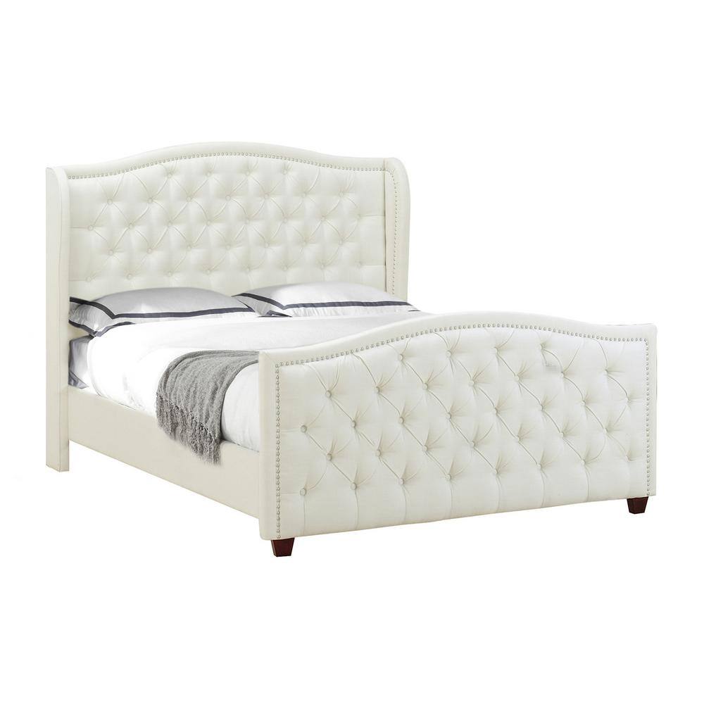 Antique White Tufted Upholstered Queen Bed with Nailhead Trim