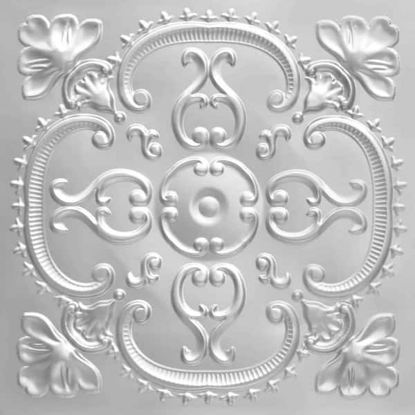 FROM PLAIN TO BEAUTIFUL IN HOURS Alhambra Silver 2 ft. x 2 ft. PVC Glue Up or Lay In Faux Tin Ceiling Tile (100 sq. ft./case)