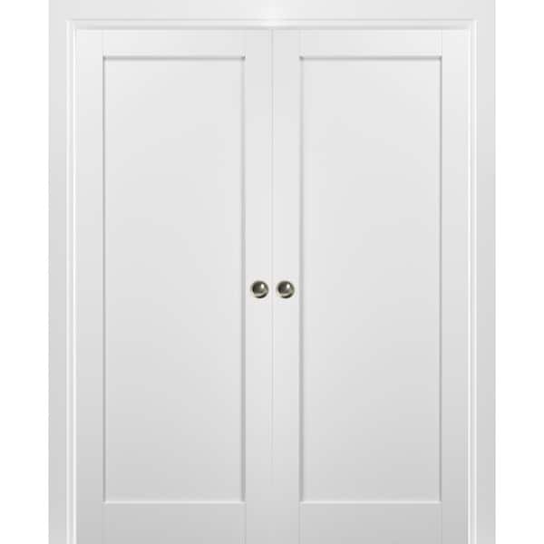 Assemble Required 60 in. x 84 in. Single Panel White Wood Solid MDF Sliding Door with Double Pocket Hardware