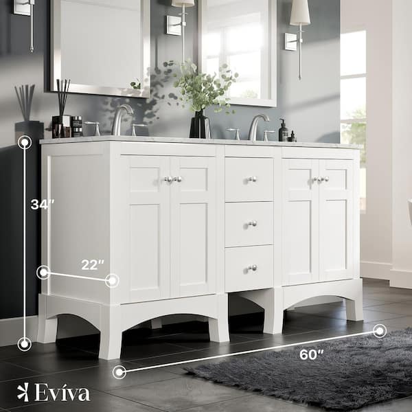 Eviva New Jersey 60 in. W x 22 in. D x 34 in. H Freestanding Double Sinks Bath Vanity in Gray with White Carrara Marble Top