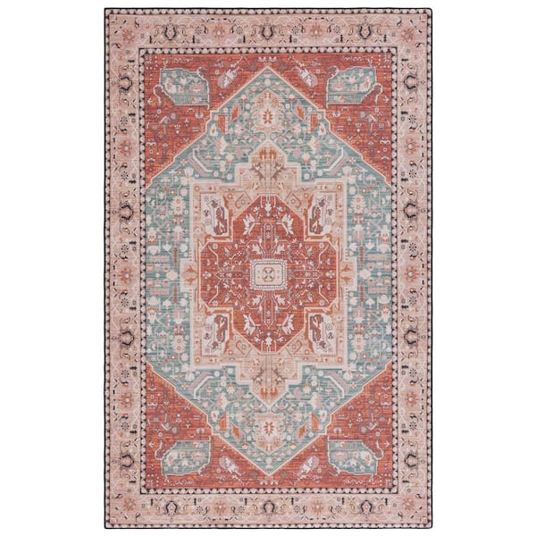 Tucson Aqua/Rust 9 ft. x 12 ft. Machine Washable Floral Border Area Rug