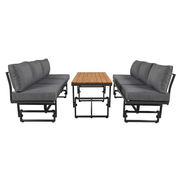 ToolCat 3-Piece Metal Outdoor Sectional Sofa Set with Height-adjustable Seating, Coffee Table and Cushions for Patio, Gray