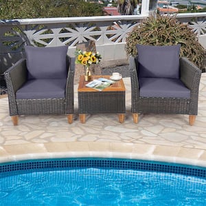 Black 3-Piece Wicker Patio Conversation Set with Grey Cushions