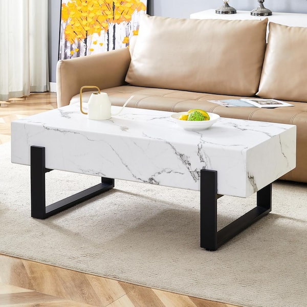 JUJABU 47 in. White Rectangle MDF Marble Coffee Table with Metal Legs for Living Room