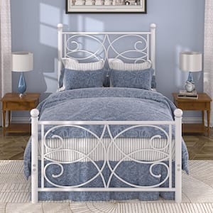 Victorian Style Bed White Metal Frame Twin Platform Bed with Headboard and Footboard, Heavy Duty Mattress Foundation