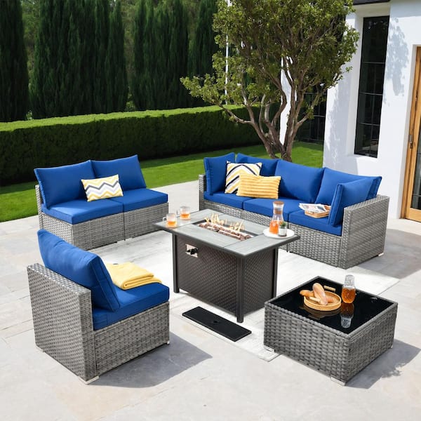 Gemini 8-Piece Wicker Patio Rectangular Fire Pit Set with Navy Blue Cushions